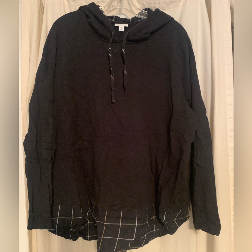 J.Jill Black Hoodie with Plaid Hem
